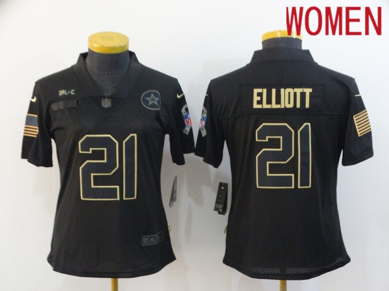 Women Dallas Cowboys #21 Elliott Black Retro Gold Lettering 2020 Nike NFL Jersey